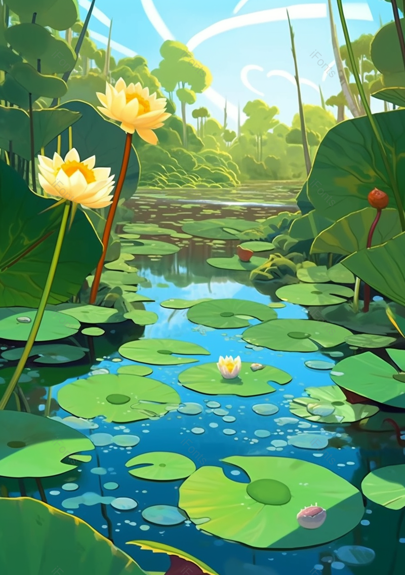 绿色树木阳光照在荷花塘里手绘插画,插画/手绘图,插画/手绘图库,插画/手绘图下载,插画/手绘